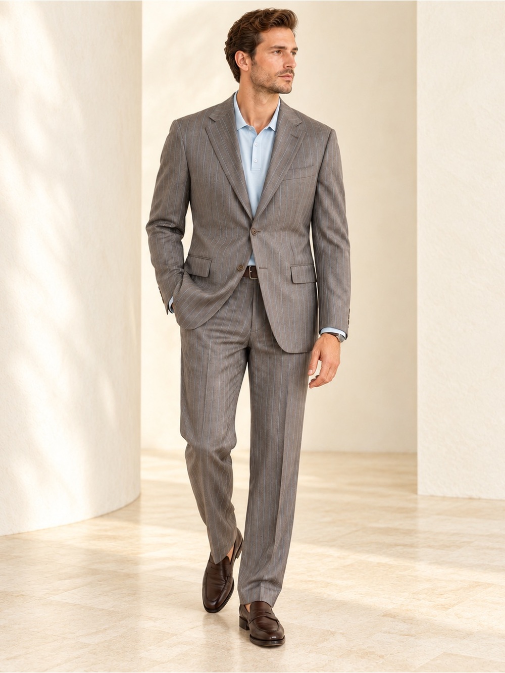 Coppley X Ermenegildo Zegna Wool Silk Pinstripe Suit Taupe Blue Sz 40R / 34